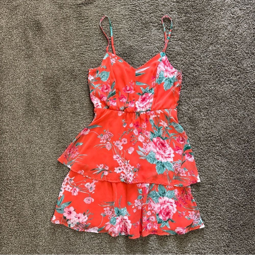 Lily Rose Floral Mini Dress Size M Coral Strap Smoked Lined Tiered Cottagecore